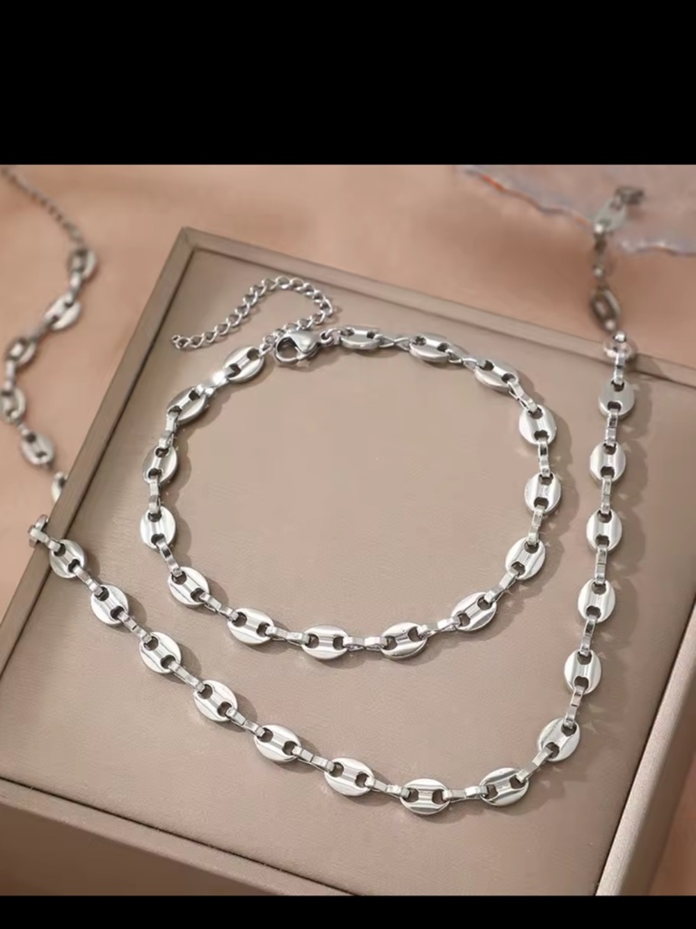 Gold Pig nose, puffed coffee bean, Gucci chain link necklace & bracelet set